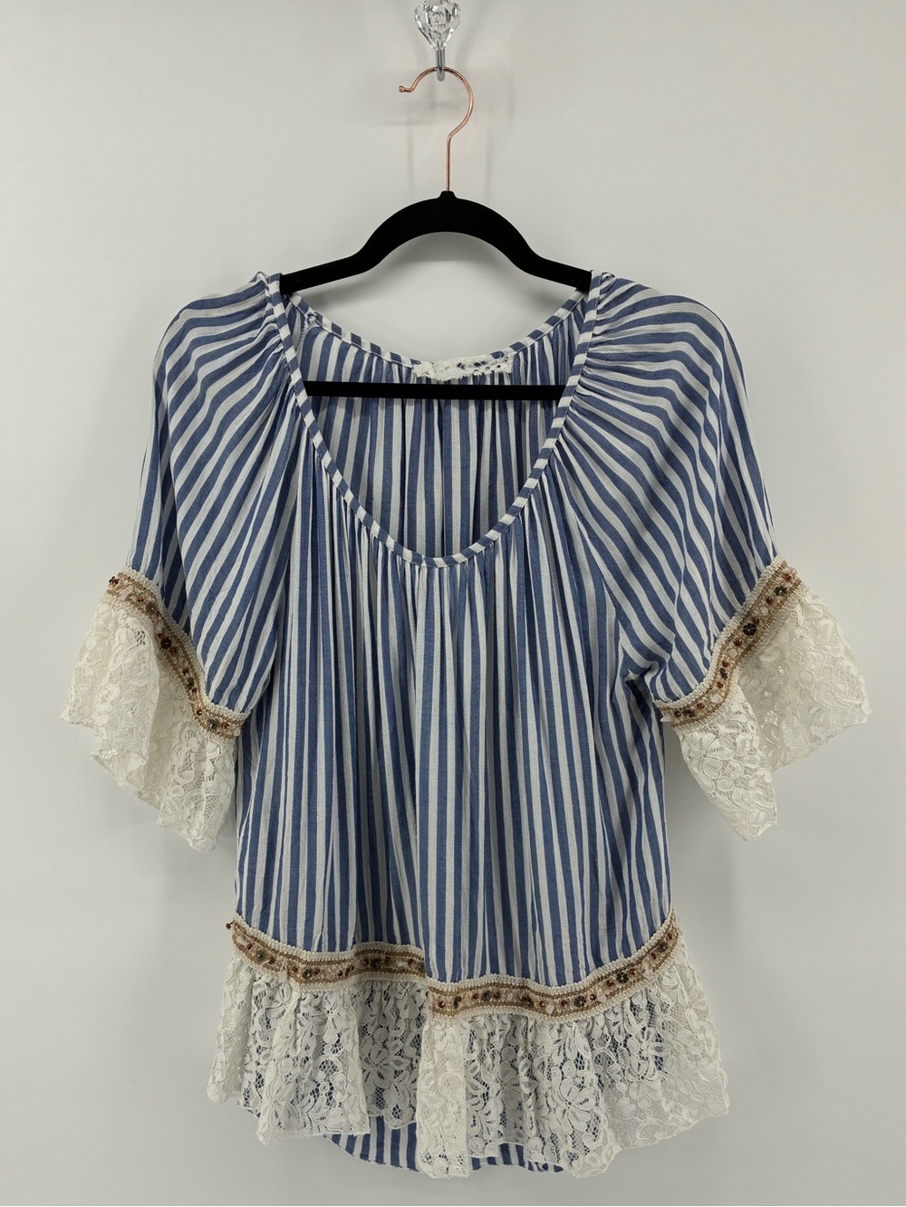 Nautical Blue Striped Lace-Trim Women's Top w Sewn on Gems Flowers Beads